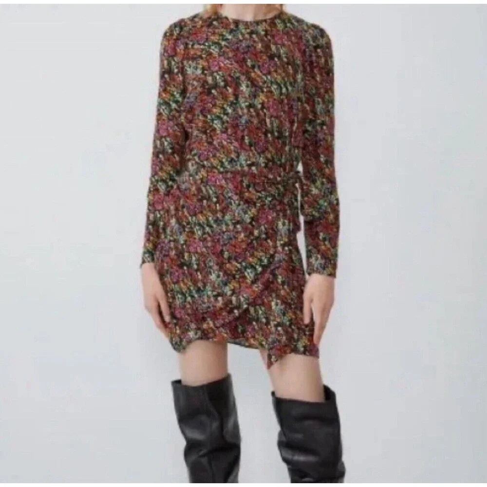 Zara Multicolor Abstract Print Faux Wrap Long Sleeve Mini Cocktail Dress Size XS